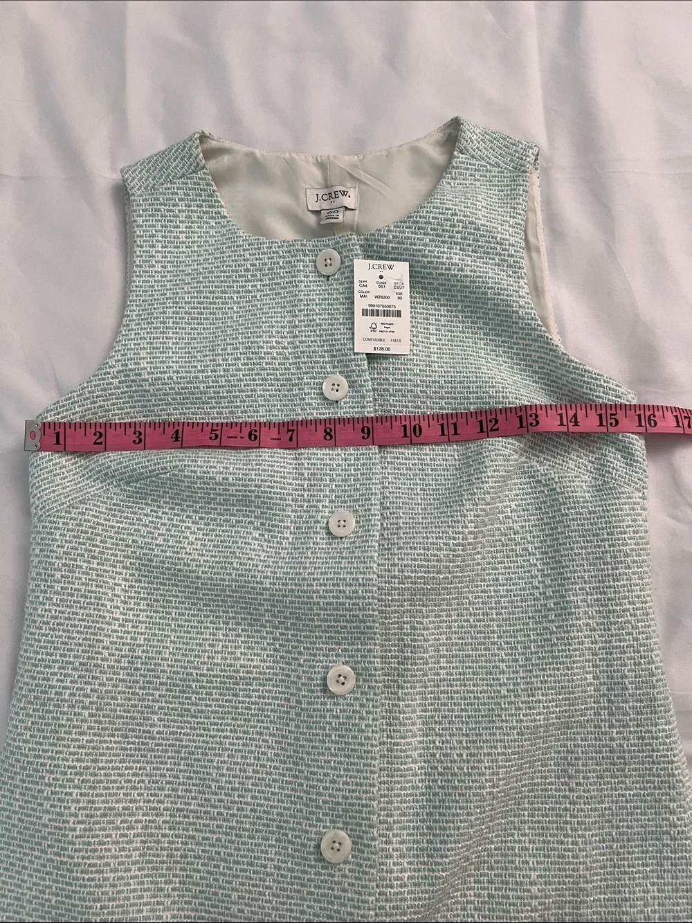 J.Crew NWT Size 00 Mint Green Tweed Button Front Sleeveless Mini Dress $128